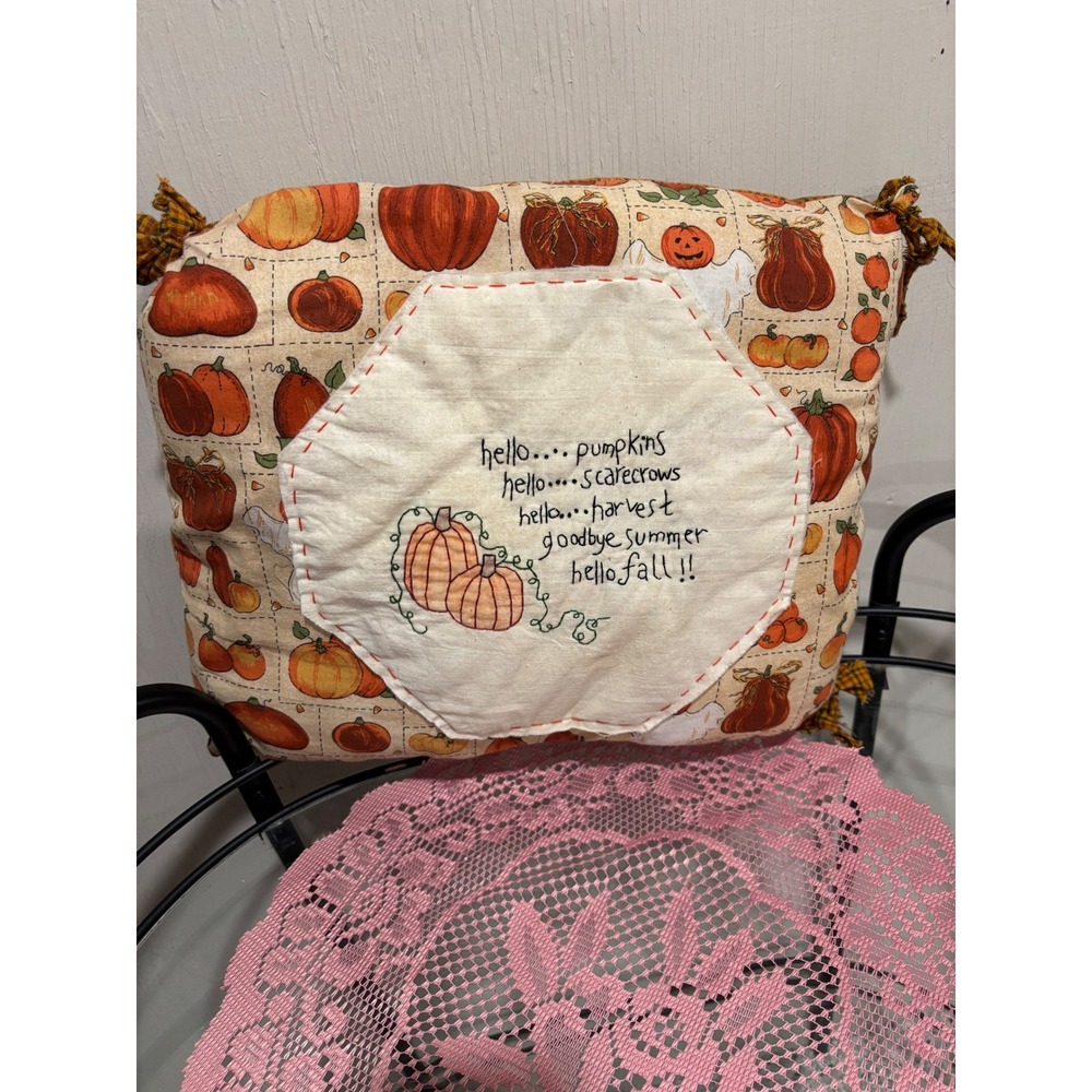 Handmade Fall Pumpkin Decorative Pillow Embroidered Hello Fall Tassel 12x12